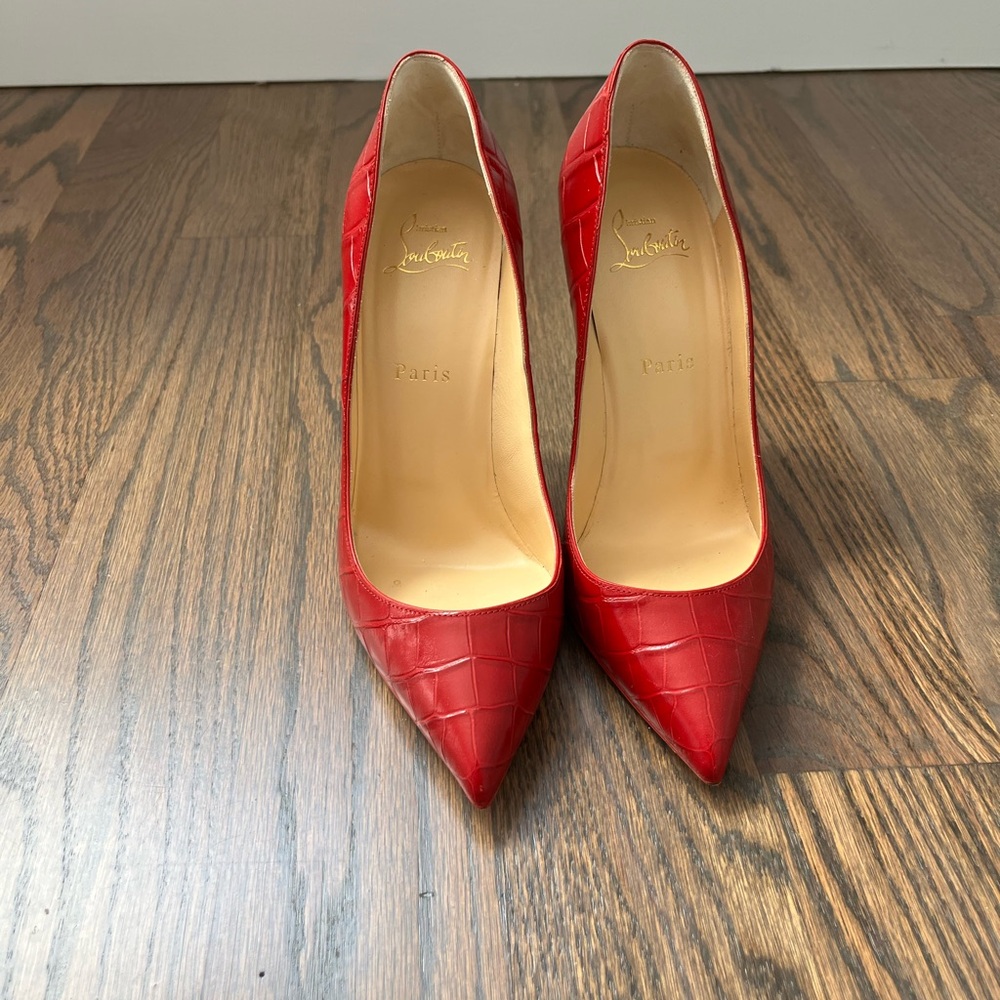 Christian Louboutin Red Croc-Embossed Pumps 
Wore once